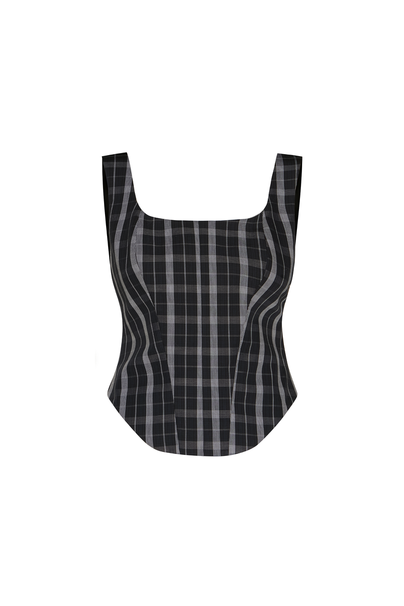 TOP ALÇA CORSET XADREZ TRICOLINE PRETA (8809478324451)