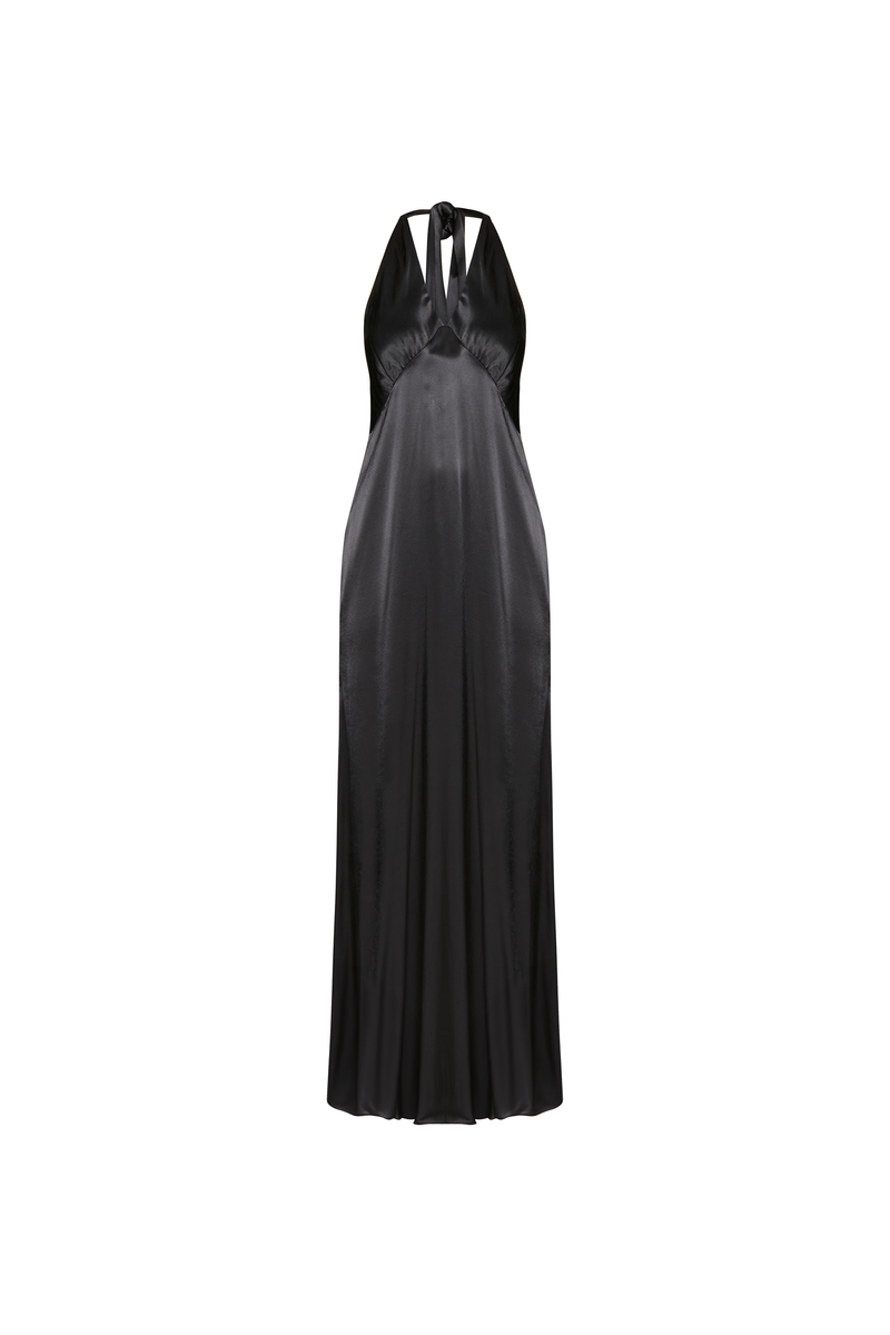 VESTIDO LONGO FRENTE ÚNICA CETIM PRETO (8809478684899)