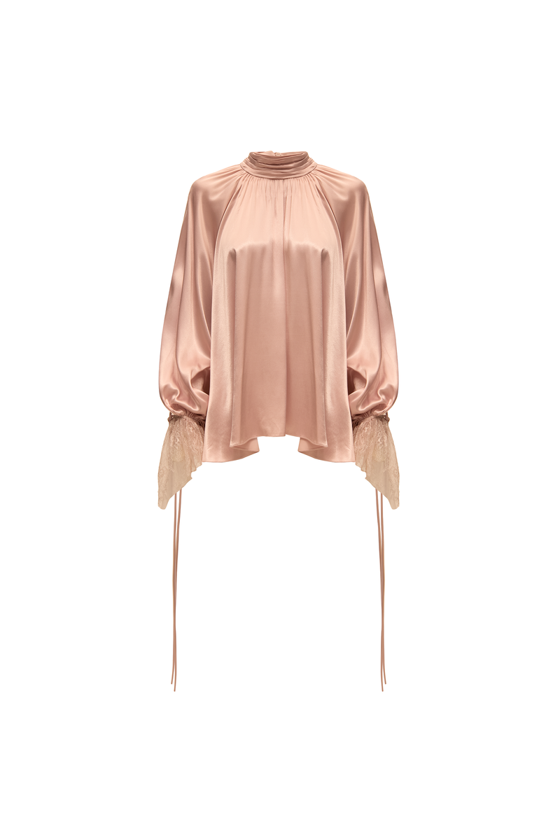 BLUSA GOLA ALTA DRAPEADA CETIM ROSA PUNHO RENDA (8809476522211)