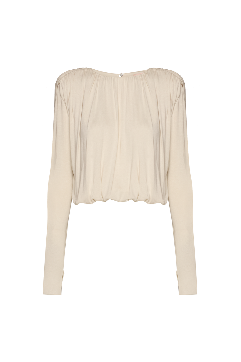 BLUSA DRAPEADA MANGA LONGA MALHA BEGE (8809476194531)