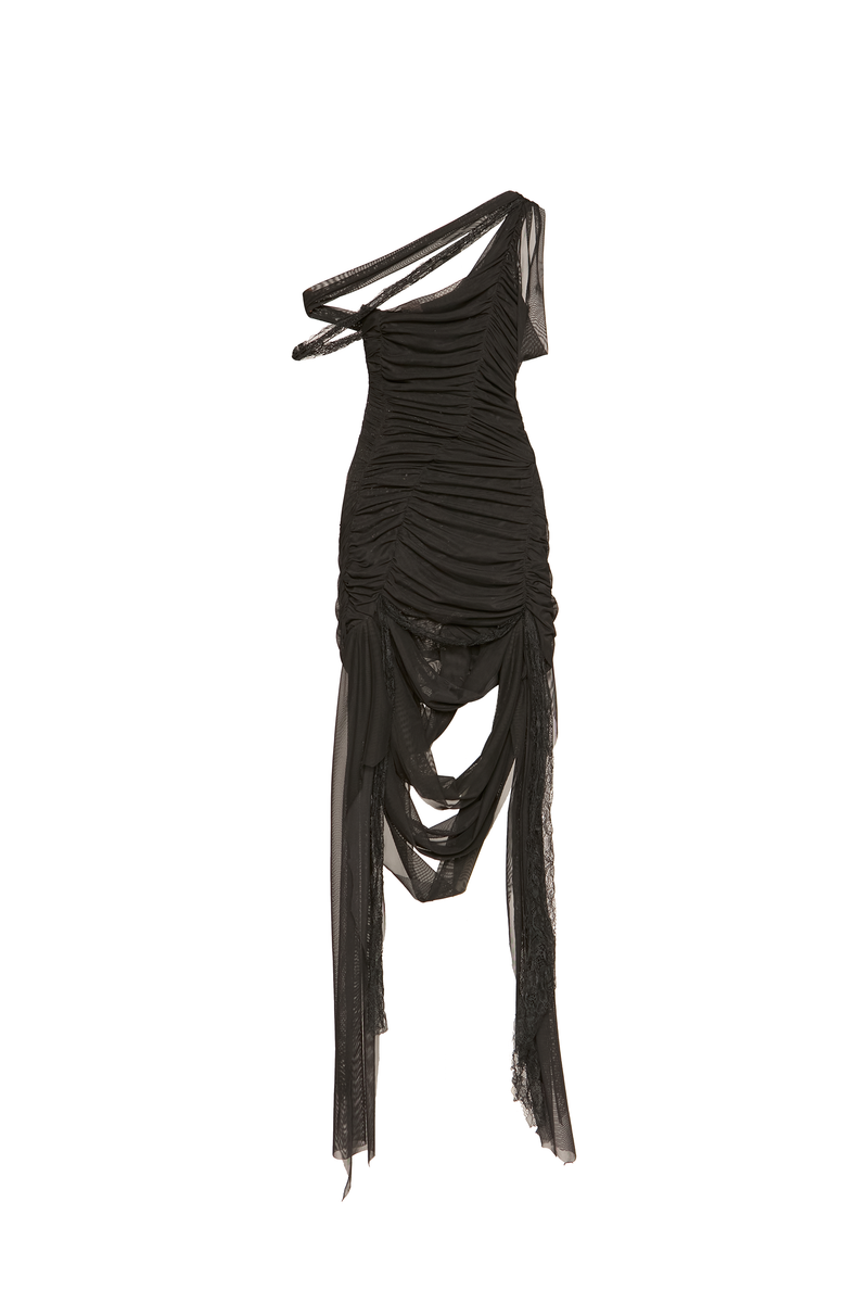 VESTIDO CURTO UM OMBRO TULE DRAPEADO FAIXAS RENDA PRETA (8809478652131)