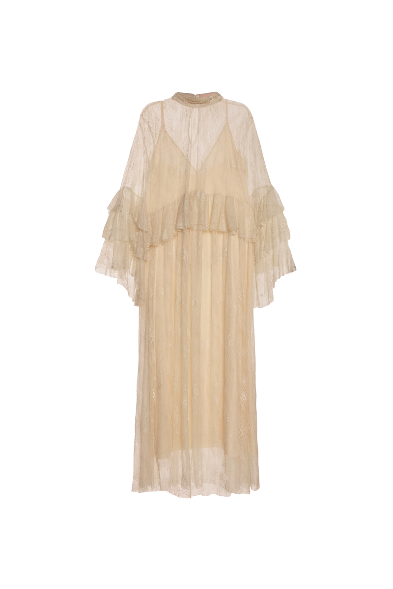 VESTIDO LONGO GOLA ALTA BABADOS CINTURA E MANGAS RENDA OFF WHITE (8809478881507)