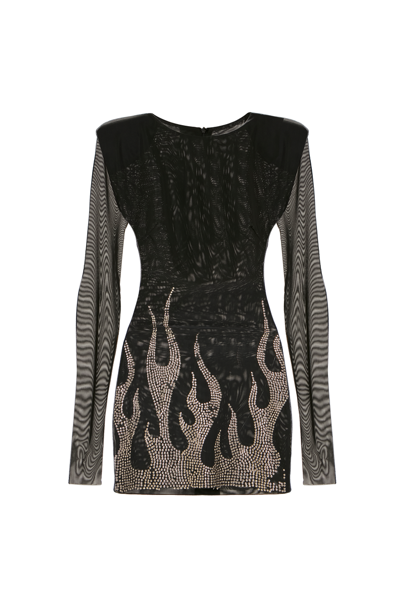 VESTIDO CURTO MANGA LONGA TULE PRETO FOGO METAIS (8838231556323)
