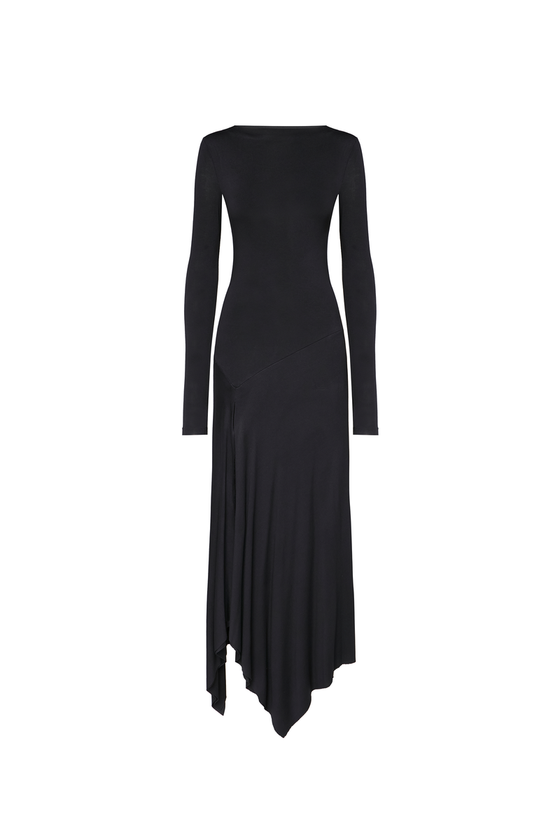 VESTIDO LONGO MANGA LONGA FENDA FRONTAL MALHA PRETA (8838232309987)