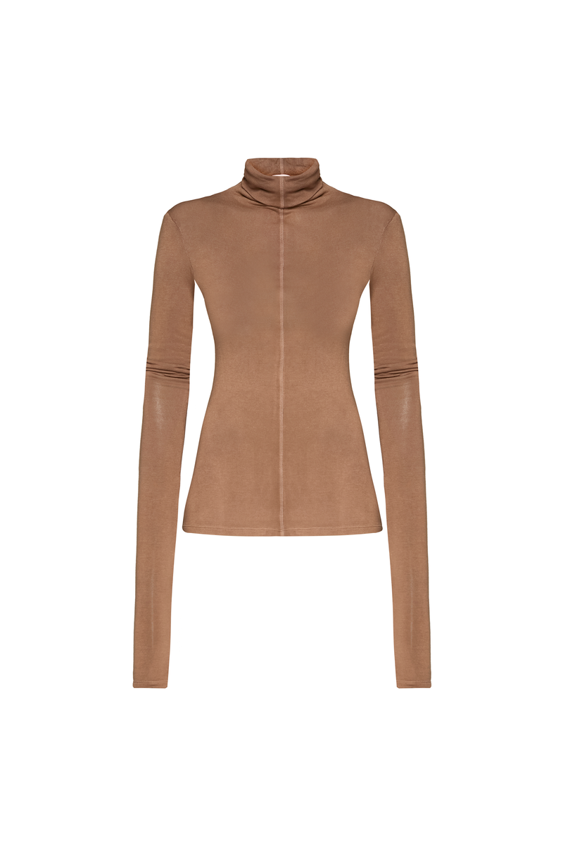 BLUSA MANGA LONGA GOLA ALTA MALHA CARAMELO (8838227591395)