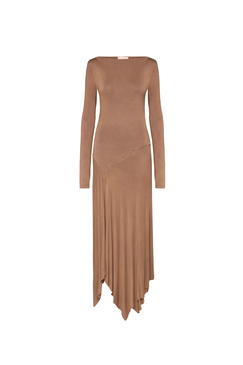 VESTIDO LONGO MANGA LONGA FENDA FRONTAL MALHA MARROM (8838232277219)