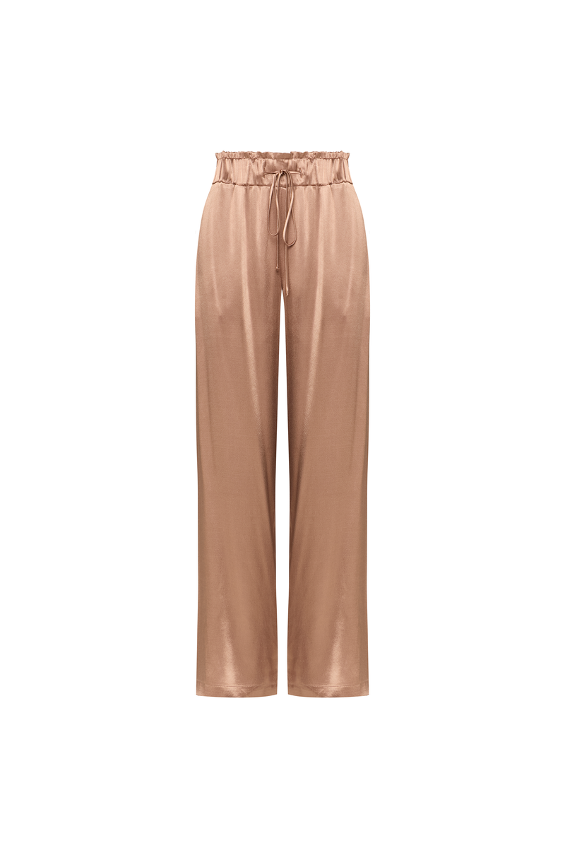 CALÇA CÓS ELÁSTICO CETIM MARROM (8838228508899) (8838228574435)