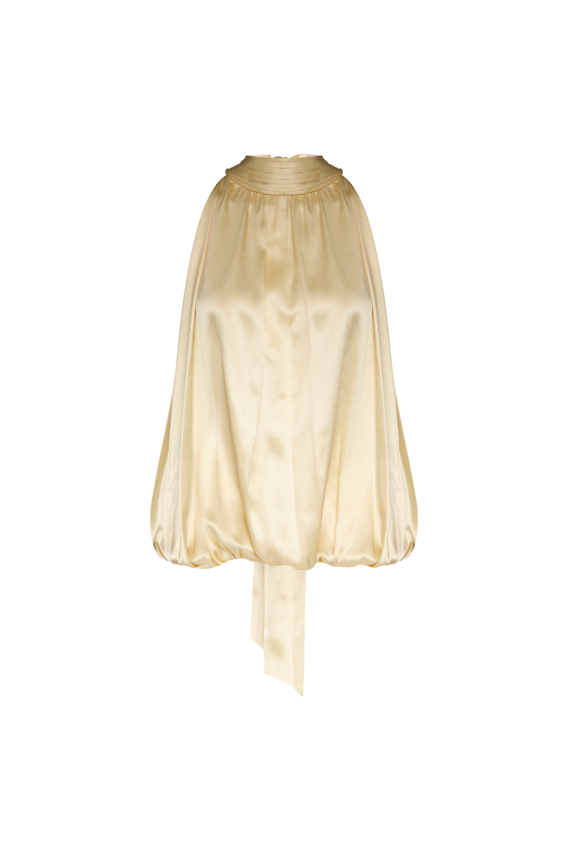 BLUSA GOLA ALTA DRAPEADA SEM MANGA CETIM CREME (8838227132643)