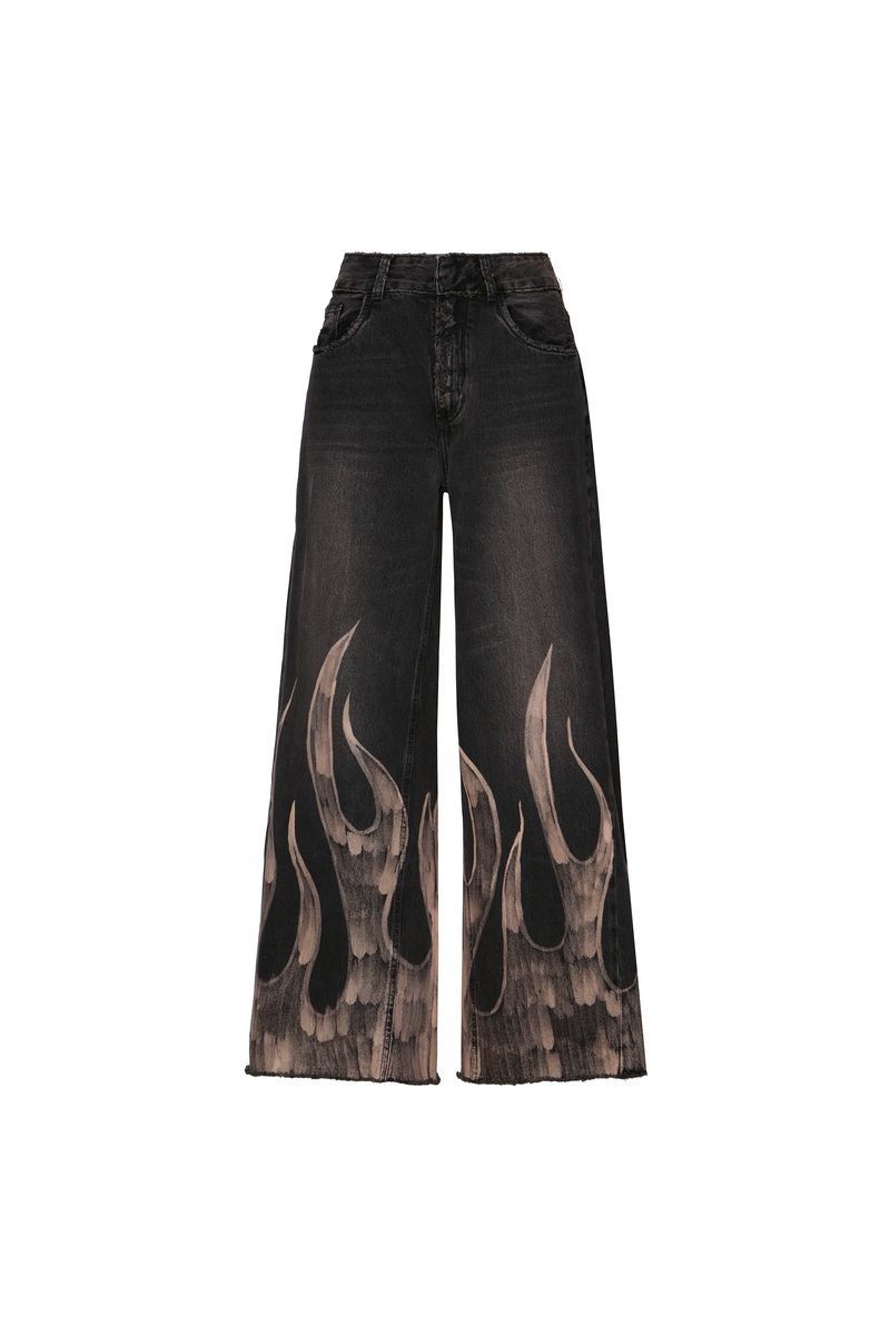 CALÇA JEANS DIRTY BLACK FOGO PINTADO À MÃO (8838228672739)