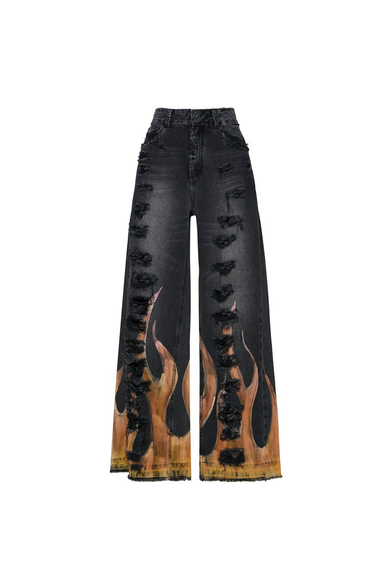 CALÇA JEANS BLACK FOGO COLORIDO PINTADO À MÃO (8838228574435)