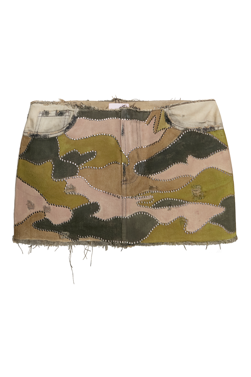 MINI SAIA JEANS CAMUFLADA AQUARELA PINTADA À MÃO (8838230704355)