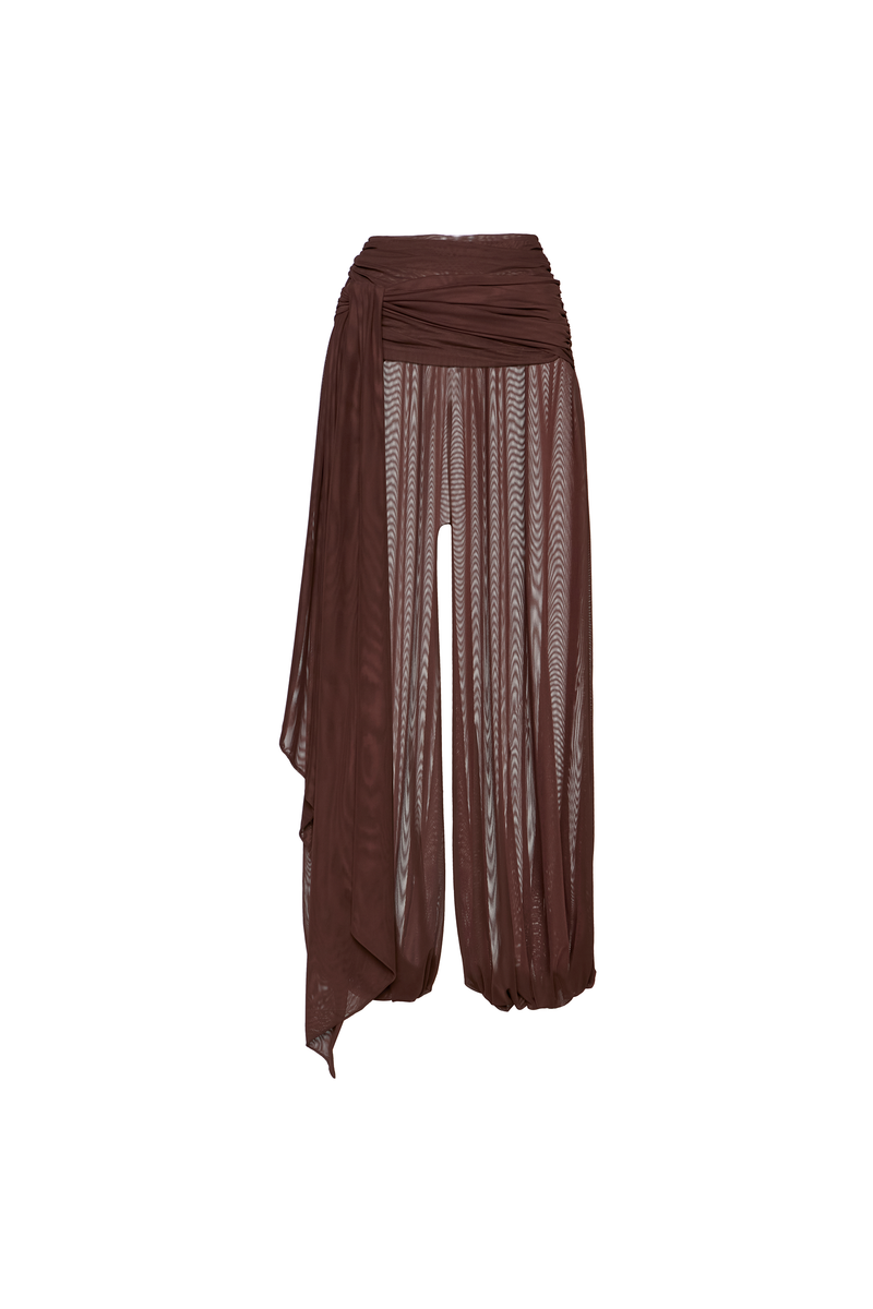 CALÇA PALA DRAPEADA ELÁSTICO BARRA TULE MARROM (8864518602979)