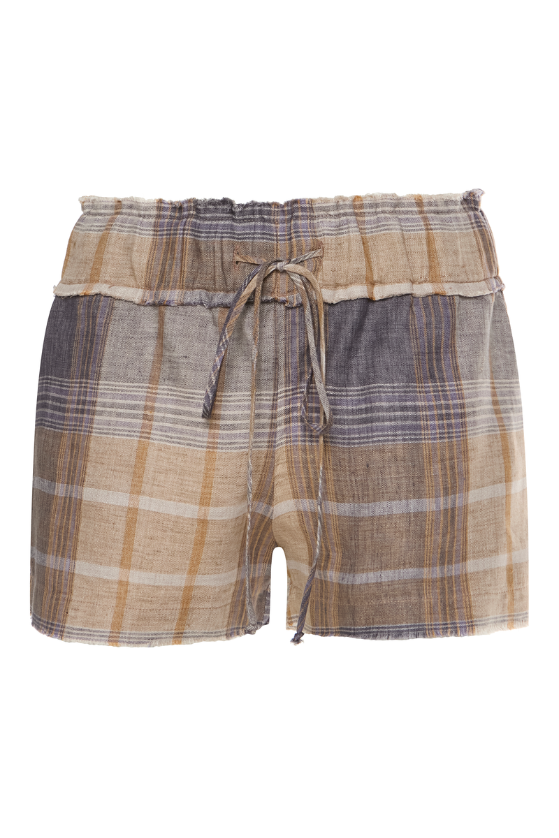 SHORTS ELÁSTICO CÓS LINHO XADREZ AZUL E BEGE (8864519880931)