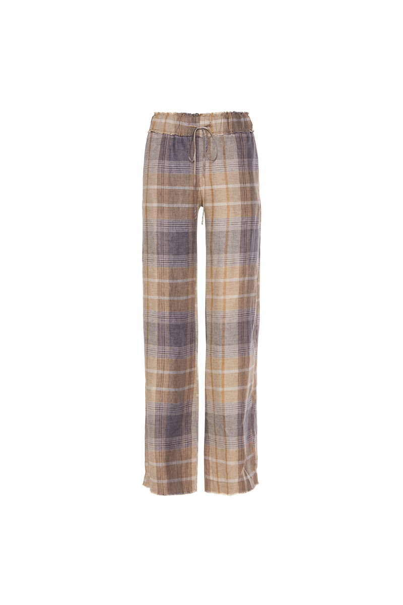 CALÇA ELÁSTICO CÓS LINHO XADREZ AZUL E BEGE (8864518308067)