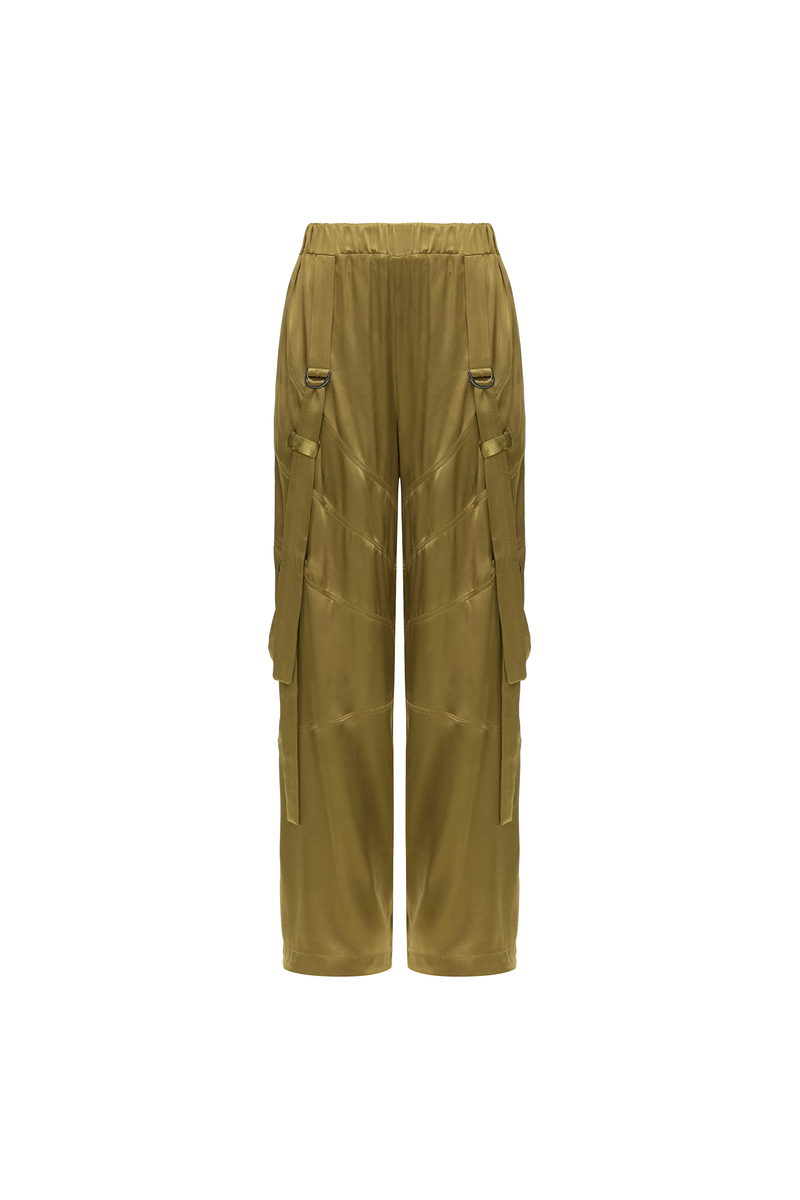 CALÇA RECORTES FAIXAS CETIM VERDE (8864518832355)