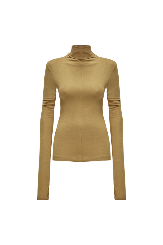 BLUSA MANGA LONGA GOLA ALTA MALHA CARAMELO (8838227591395)