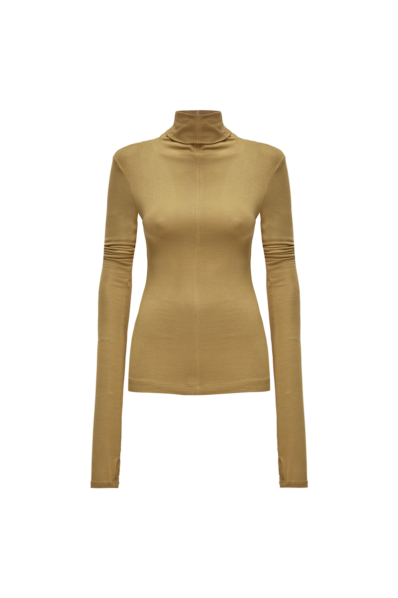 BLUSA MANGA LONGA GOLA ALTA MALHA CARAMELO (8838227591395)
