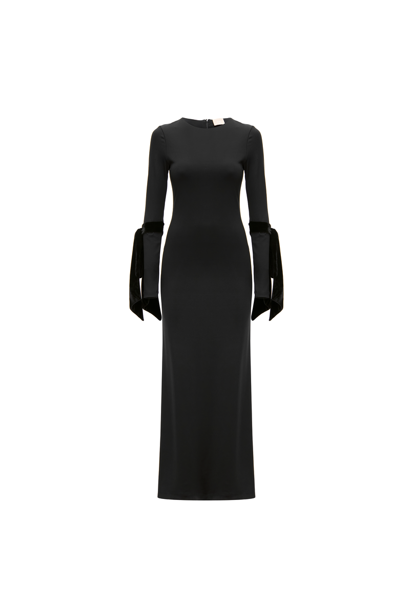 VESTIDO LONGO JERSEY LAÇOS VELUDO MANGAS PRETO (8838232178915)