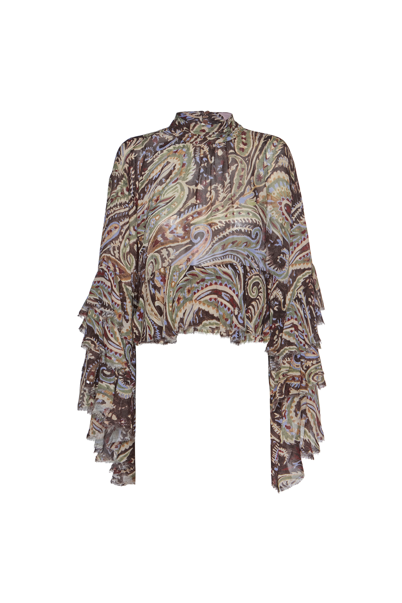 BLUSA GOLA ALTA BABADOS BARRA E MANGAS GEORGETE PASLEY (8864601833699)
