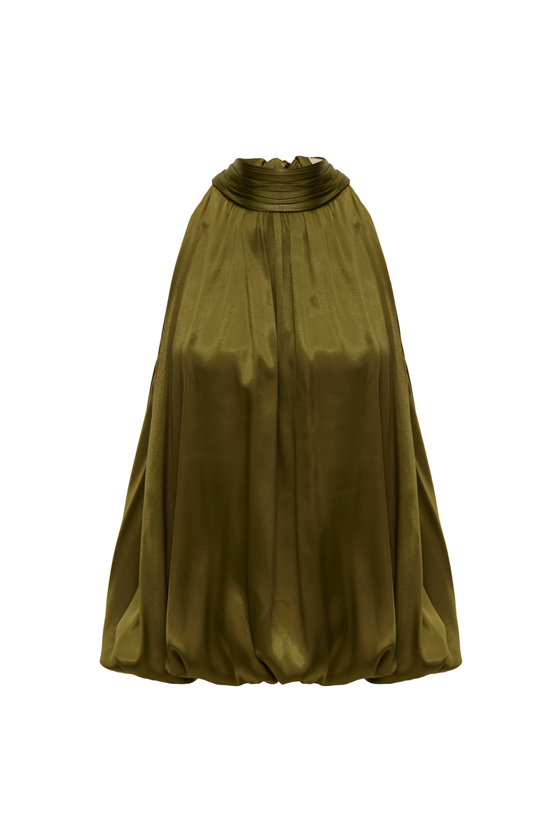 BLUSA GOLA ALTA DRAPEADA SEM MANGA CETIM VERDE (8864517456099)