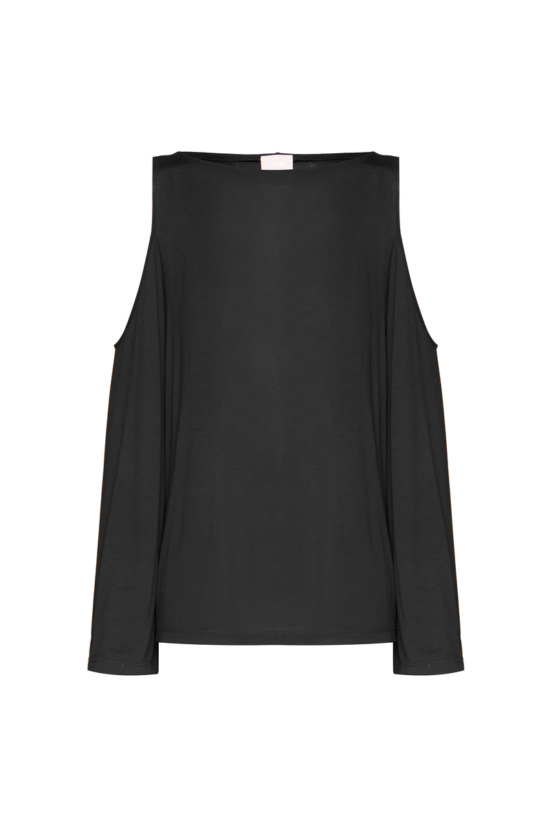 BLUSA AMPLA MANGA LONGA ABERTURA OMBRO MALHA PRETA (8904896413923)