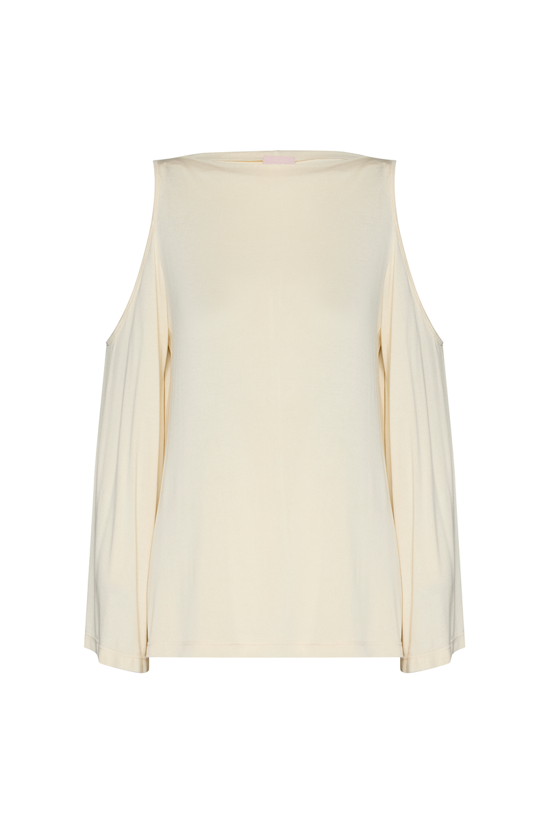 BLUSA AMPLA MANGA LONGA ABERTURA OMBRO MALHA MANTEIGA (8904896348387)