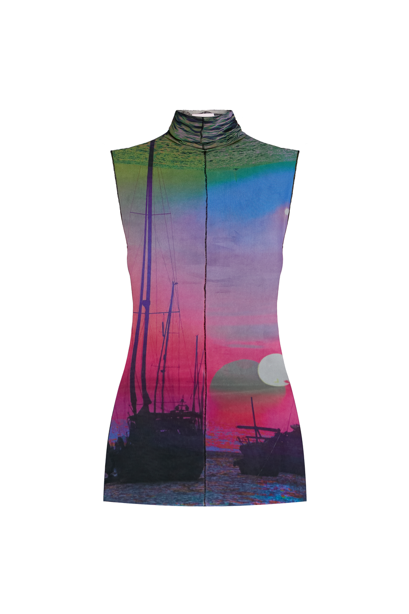 BLUSA GOLA ALTA SEM MANGA TULE POR DO SOL (8905757032675)