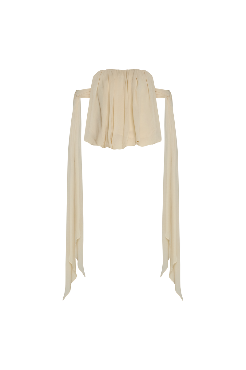 BLUSA TOMARA QUE CAIA BALONÊ FAIXAS LATERAIS GEORGETE MANTEIGA (8904897167587)
