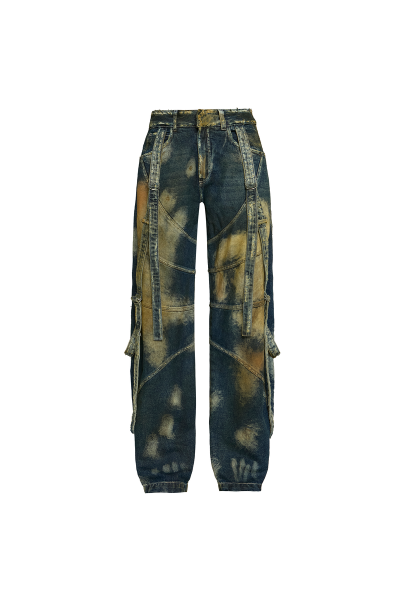 CALÇA JEANS MANCHADA RECORTES E FAIXAS (8930458796259)