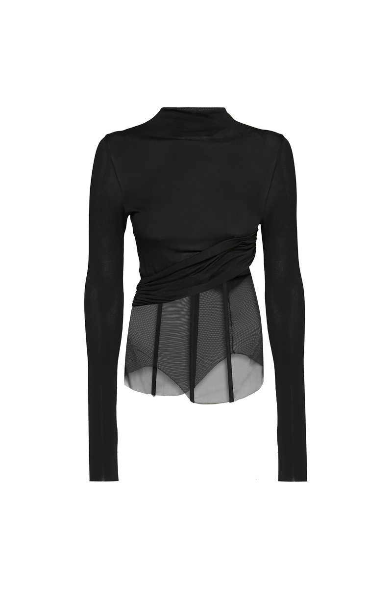 BLUSA MANGA LONGA MALHA CORPO CORSET TULE PRETO (8928982696163)