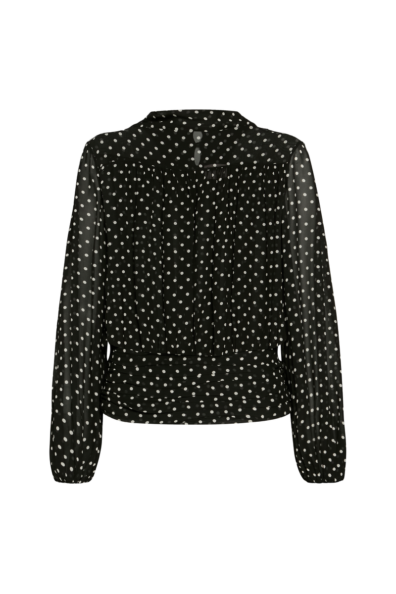 BLUSA MANGA LONGA PALA CINTURA DRAPEADA GEORGETE POÁ PRETO (8928983646435)