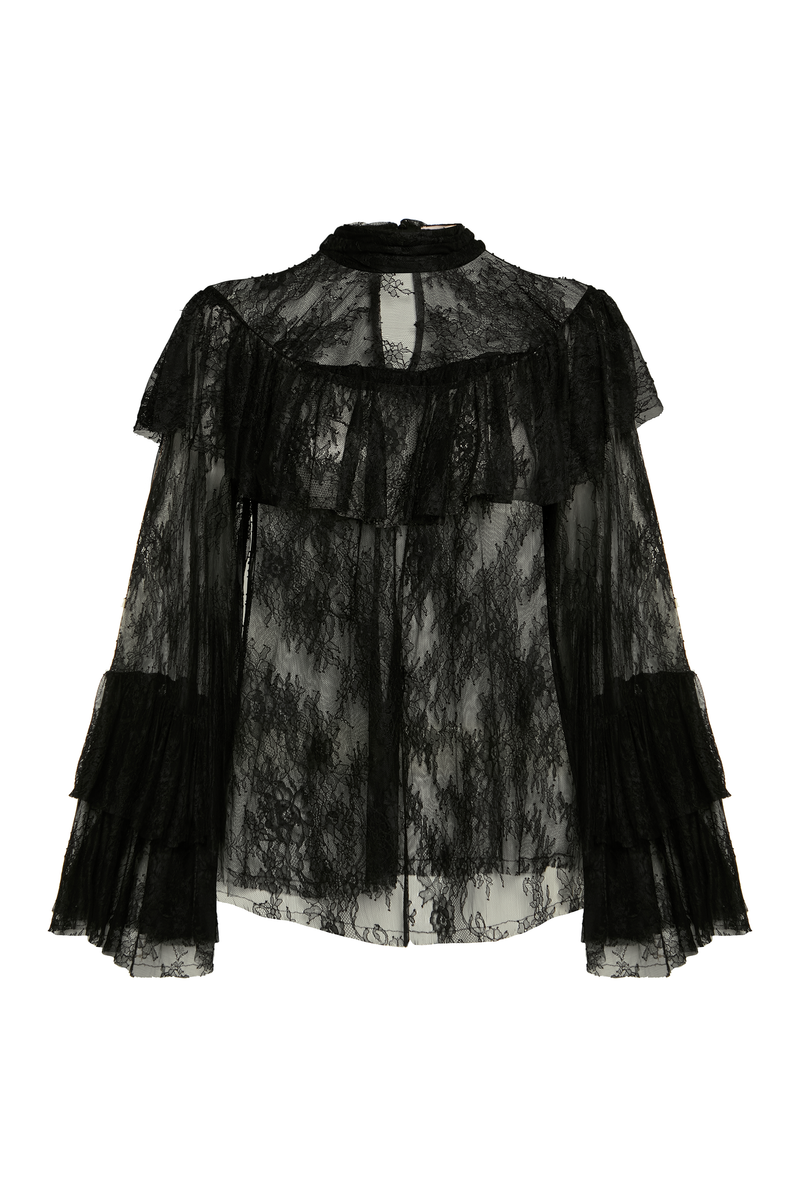 BLUSA GOLA ALTA BABADOS COLO E MANGAS RENDA PRETA (8928980861155)