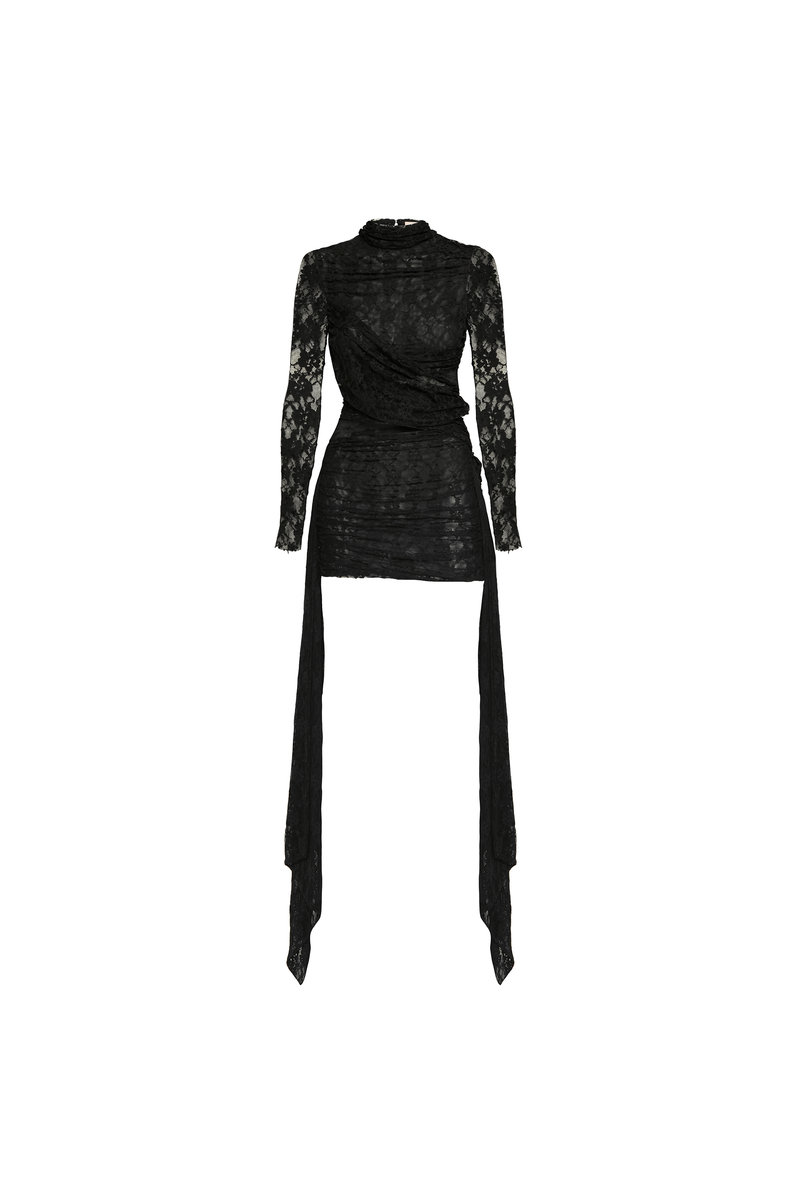 VESTIDO CURTO GOLA ALTA MANGA LONGA TRANSPASSES RENDA PRETA (8928998228195)