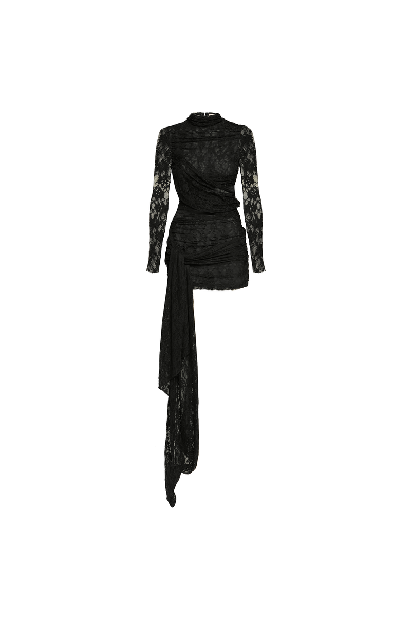 VESTIDO CURTO GOLA ALTA MANGA LONGA TRANSPASSES RENDA PRETA (8928998228195)