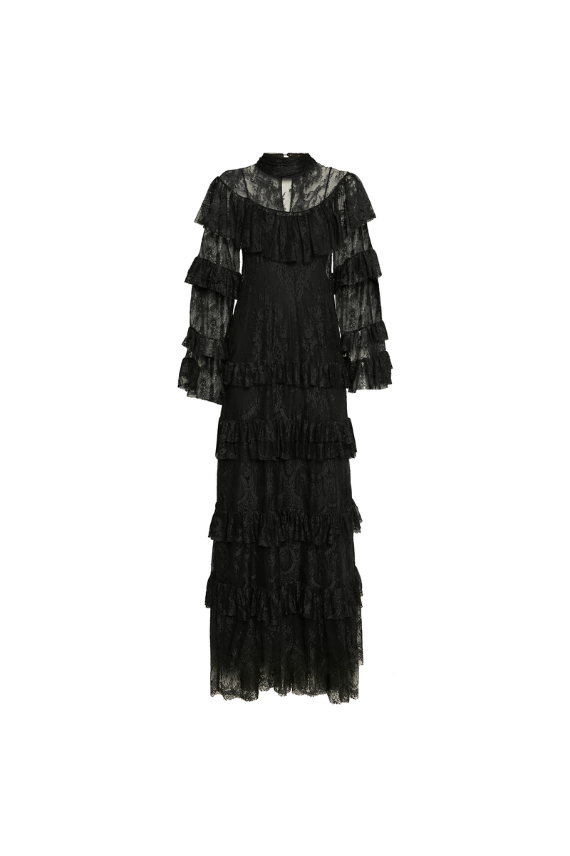 VESTIDO LONGO GOLA ALTA BABADOS RENDA PRETO (8928999375075)
