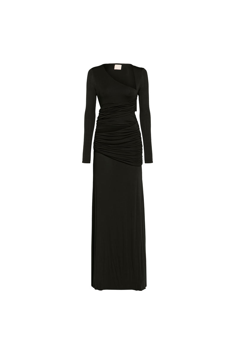 VESTIDO LONGO TRANSPASSES DECOTE ASSIMÉTRICO MANGA LONGA MALHA PRETO (8929000587491)
