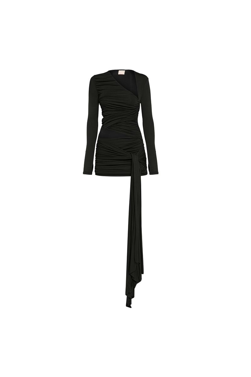 VESTIDO CURTO TRANSPASSES DECOTE ASSIMÉTRICO MANGA LONGA MALHA PRETO (8928998949091)