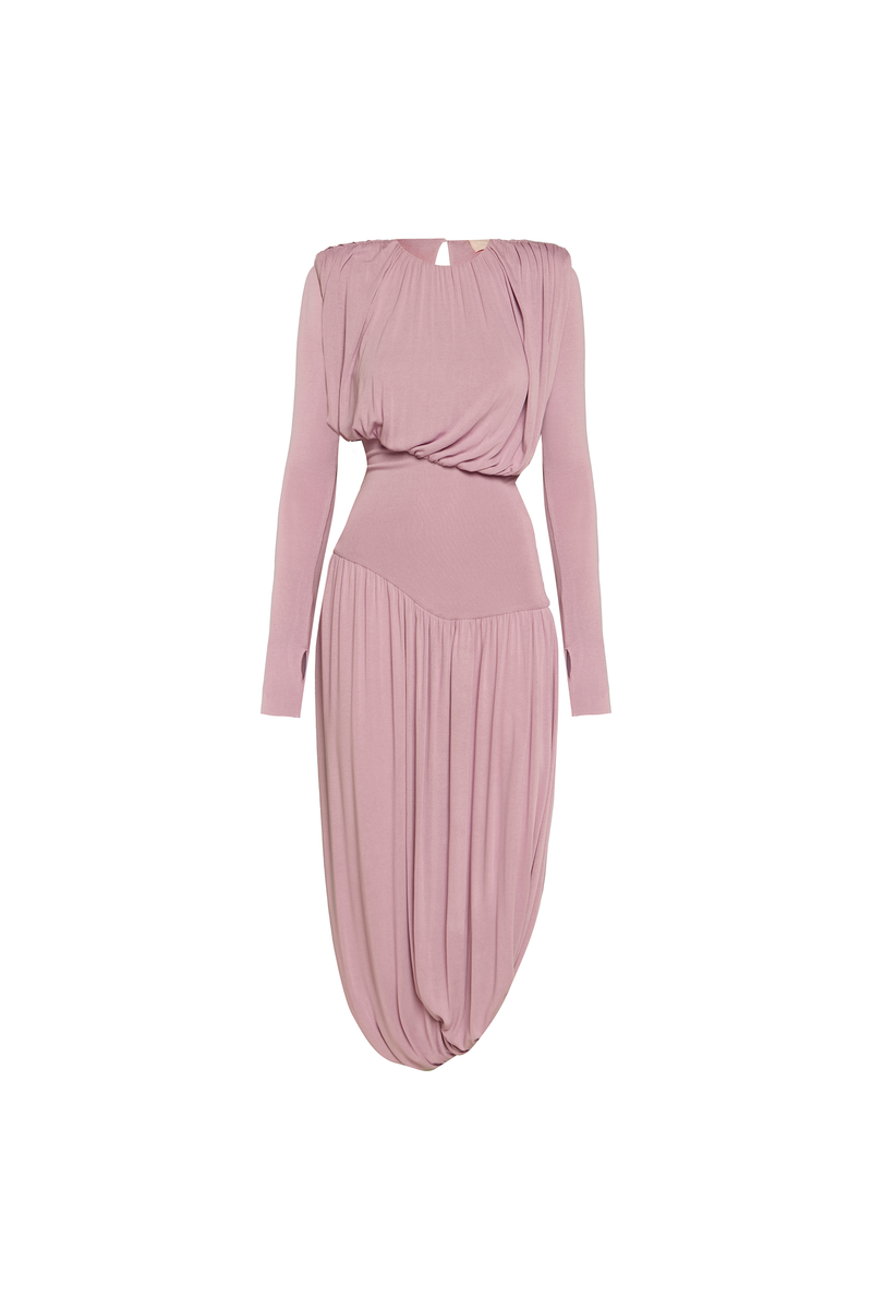 VESTIDO LONGO MANGA LONGA SAIA TORCIDA CORPO DRAPEADO MALHA LAVANDA (8928999506147)