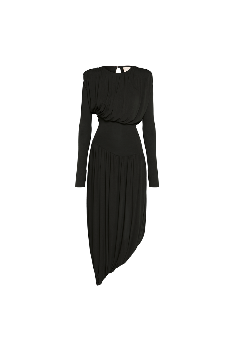 VESTIDO LONGO MANGA LONGA SAIA TORCIDA CORPO DRAPEADO MALHA PRETA (8929000030435)