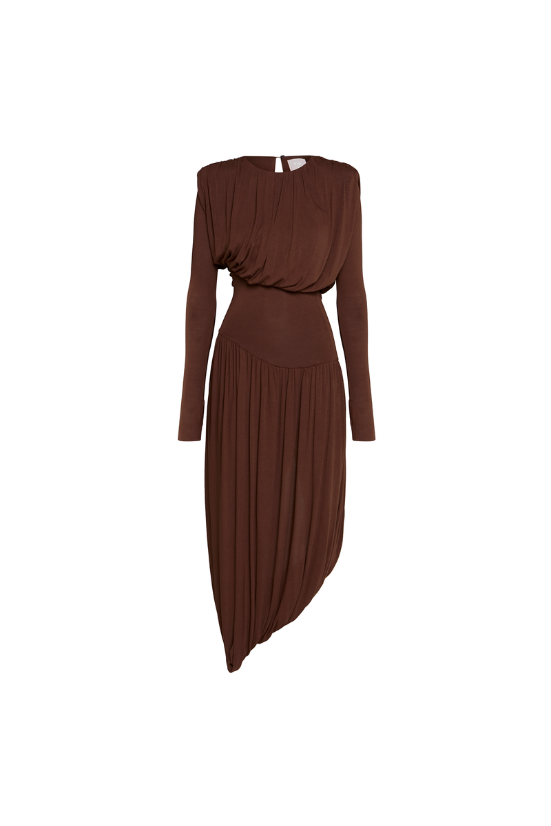 VESTIDO LONGO MANGA LONGA SAIA TORCIDA CORPO DRAPEADO MALHA MARROM (8928999768291)