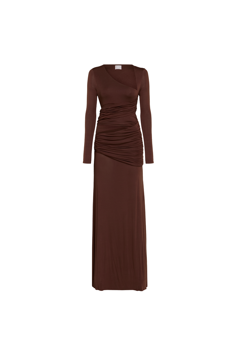 VESTIDO LONGO TRANSPASSES DECOTE ASSIMÉTRICO MANGA LONGA MALHA MARROM (8929000390883)