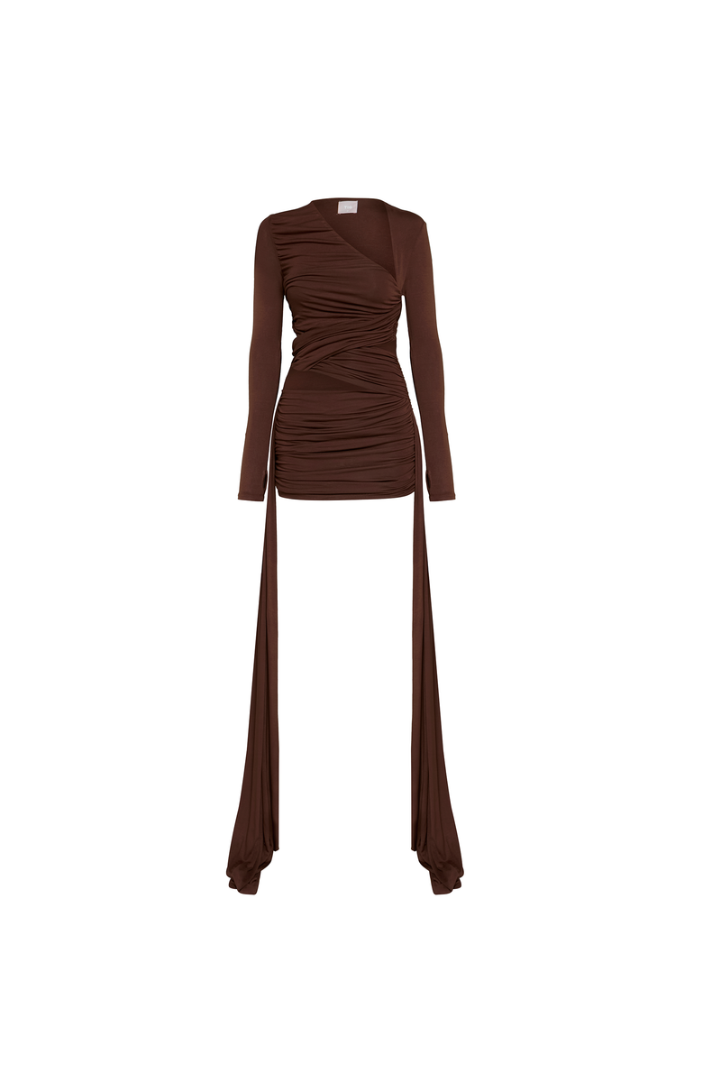 VESTIDO CURTO TRANSPASSES DECOTE ASSIMÉTRICO MANGA LONGA MALHA MARROM (8928998719715)