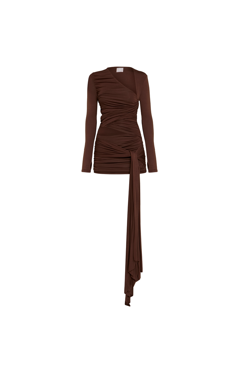 VESTIDO CURTO TRANSPASSES DECOTE ASSIMÉTRICO MANGA LONGA MALHA MARROM (8928998719715)