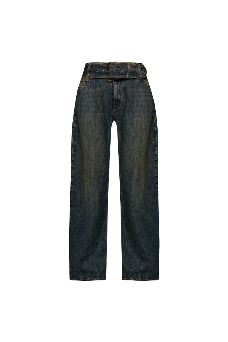 CALÇA JEANS AMARELADA PERNA LARGA CINTO CINTURA (8952670355683)