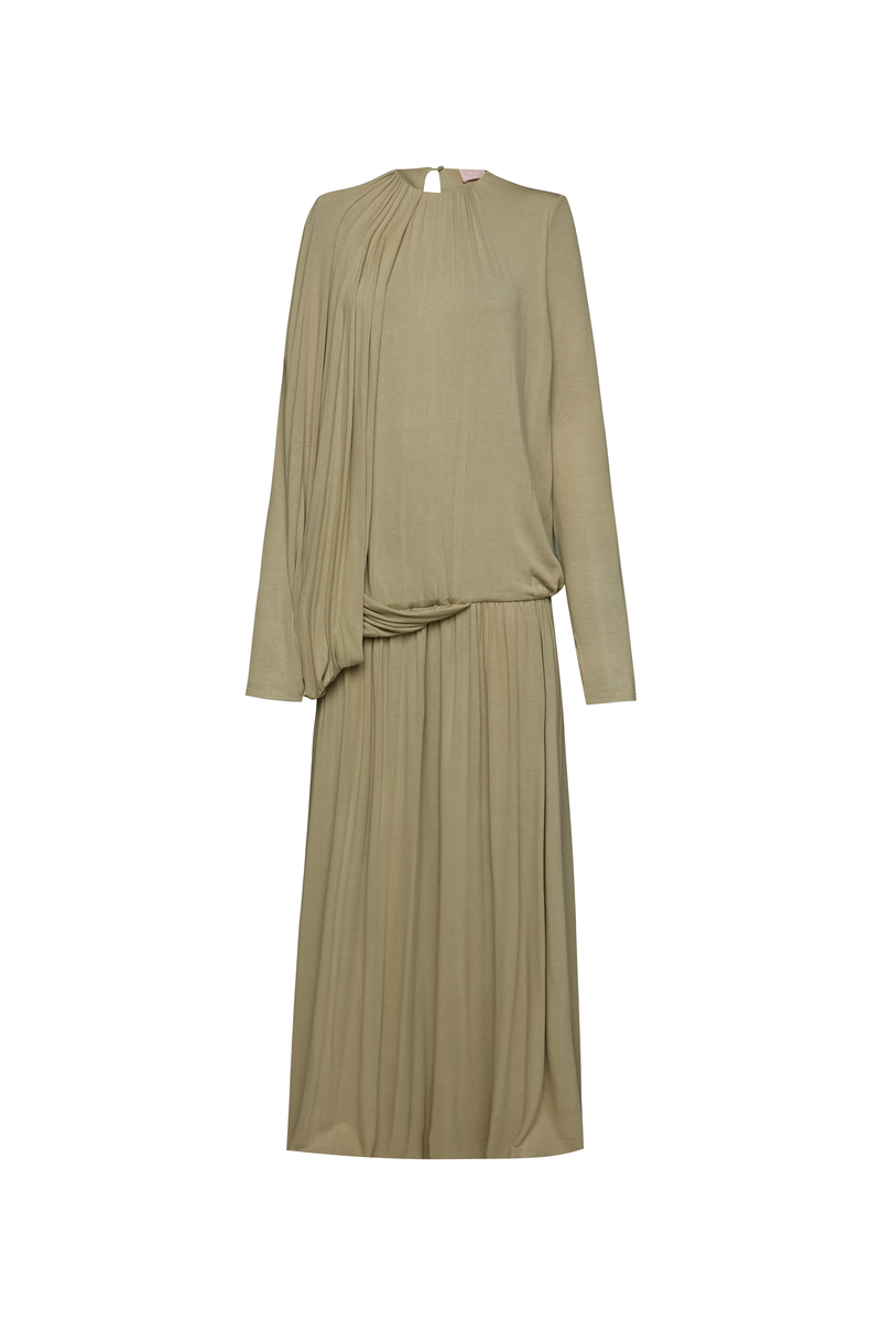 VESTIDO LONGO AMPLO MANGA LONGA MALHA VERDE (8950210232547)