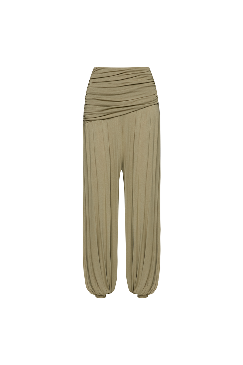 CALÇA PALA DRAPEADA ASSIMÉTRICA ELÁSTICO BARRA MALHA VERDE (8950207643875)