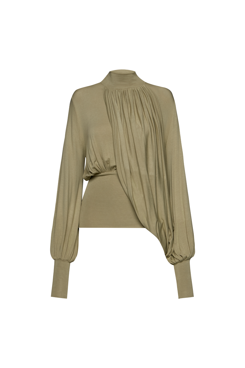 BLUSA GOLA ALTA MANGA LONGA PALA CINTURA FAIXA DRAPEADA MALHA VERDE (8950206529763)