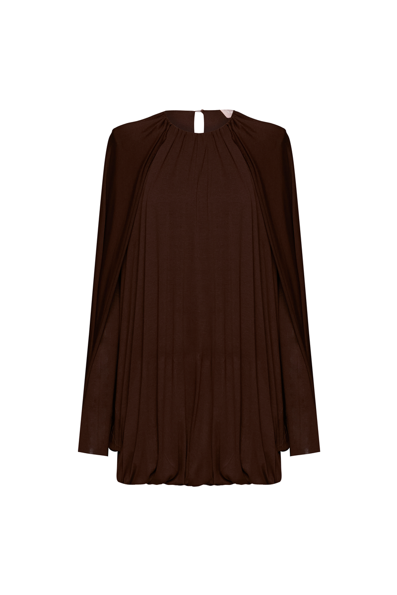 VESTIDO CURTO AMPLO BALONÊ CAPA MALHA MARROM (8950209183971)