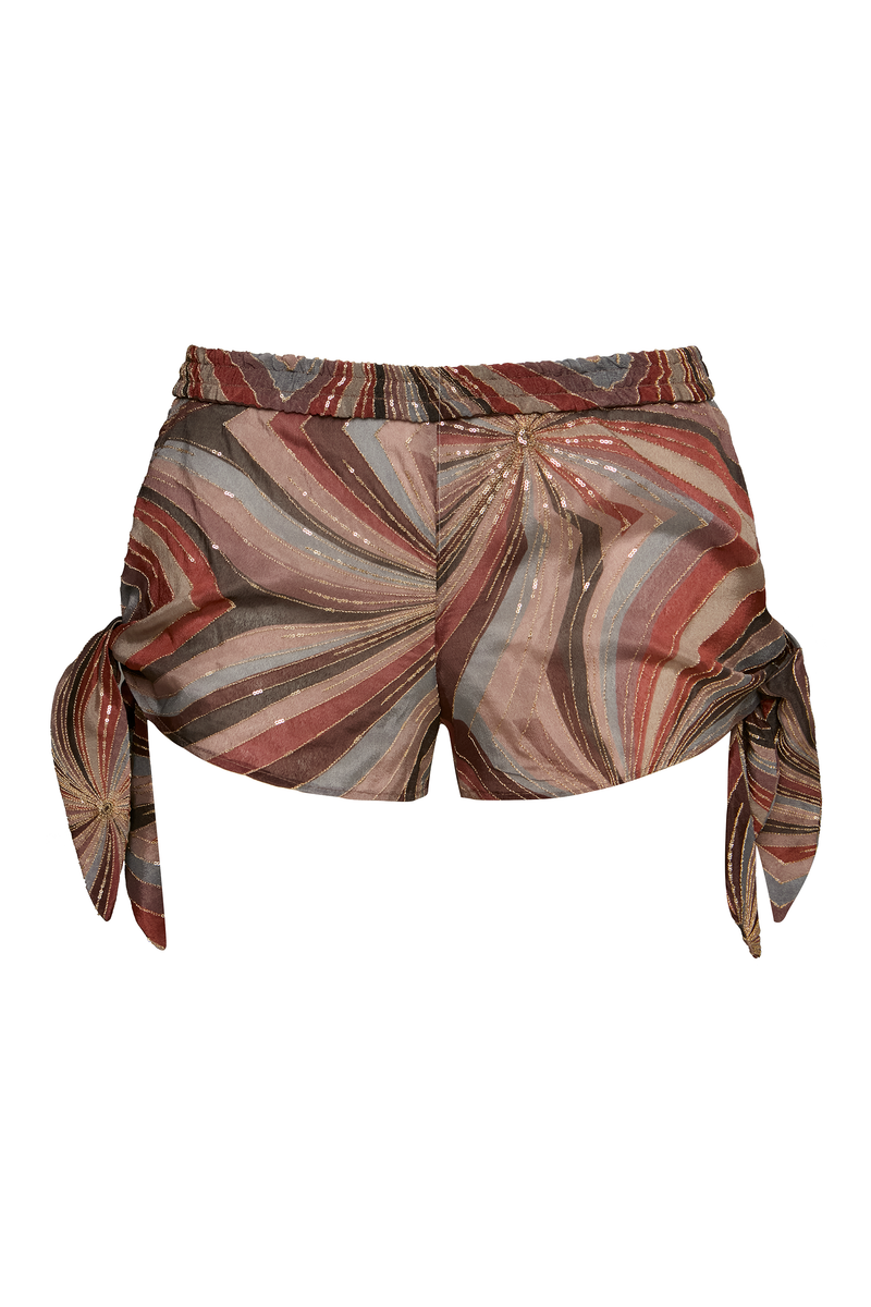 SHORTS CÓS ELÁSTICO AMARRAÇÃO LATERAL GEOMÉTRICO BORDADO MARROM (8950209052899)