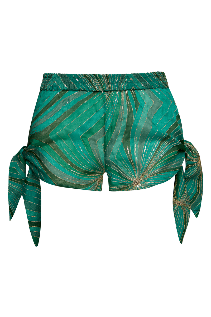 SHORTS CÓS ELÁSTICO AMARRAÇÃO LATERAL GEOMÉTRICO BORDADO VERDE (8950209118435)